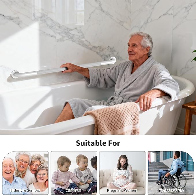 40 Inch Anti Slip Shower Grab Bar, Munzong Bathroom Grab Bar for Showers, White Knurled Handicap Balance Bar,Safety Hand Rail Support Elderly Senior Assist Bath Handle