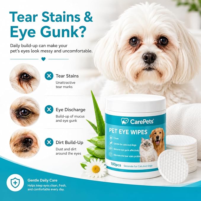 Eye Wipes, 100 Count Pet Tear Stain Cleaning Pads for Dogs and Cats, Gentle Textured Eye Area Wipes with Aloe Vera and Chamomile, Fragrance Free (3) | Gentle Textured Eye Wipes
