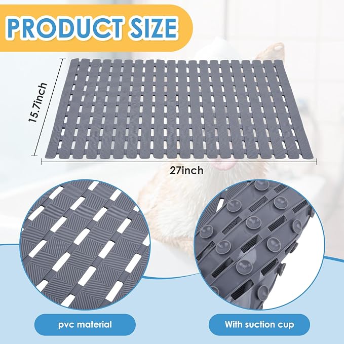 Bathtub Shower Mat, Pet Dog Bathing Non-Slip Mat, Dog Bath mat for tub, Quick Drain Bathtub Mat with Suction Cups & Drain Holes for Bathroom, 27.1x15.7 Inch (Transparent)
