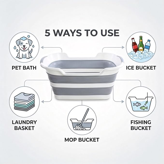 Collapsible Dog Bathtub with Drain Plug - Foldable Portable Pet Bath Tub for Small Dogs & Cats, 25L Large Travel Shower Basin, Lightweight PP &TPR Material (Grey, 23x16x11 Inches)