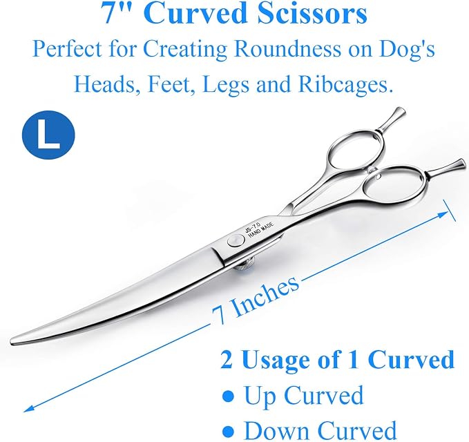JASON Left Handed 7" Dog Grooming Scissors Set, 3 in 1 Ergonomic Blending, Curved, Straight Cat Pet Hair Trimming Thinning Professional Kits with Offset Handle and a Jeweled Screw Christmas Gift