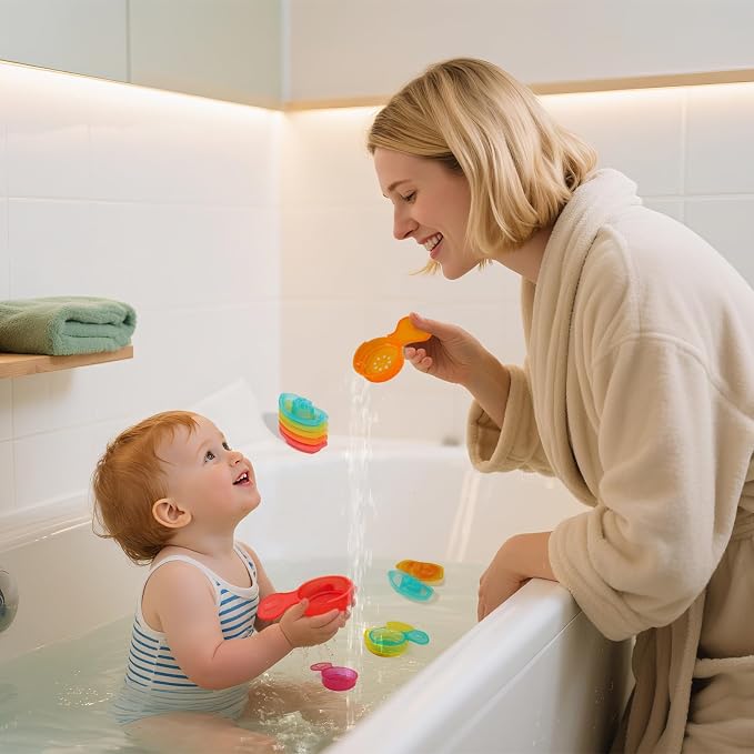 AMCHSURI 11 Pack Mold Free Bath Toys, Open Seamless Quick Dry Design, Stackable Scoops & Floating Boats, Water Play Toys for 12 18 Months & 1-3 Years Old Toddlers, Bathtub Pool Water Table Toys