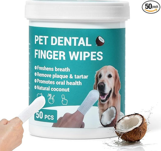 Teeth Cleaning Wipes for Dogs & Cats, Natural Formula Dog Finger Toothbrush Wipes Remove Plaque & Tartar Buildup, No-Rinse Disposable Dog Dental Care Finger Wipes(50 PCS)
