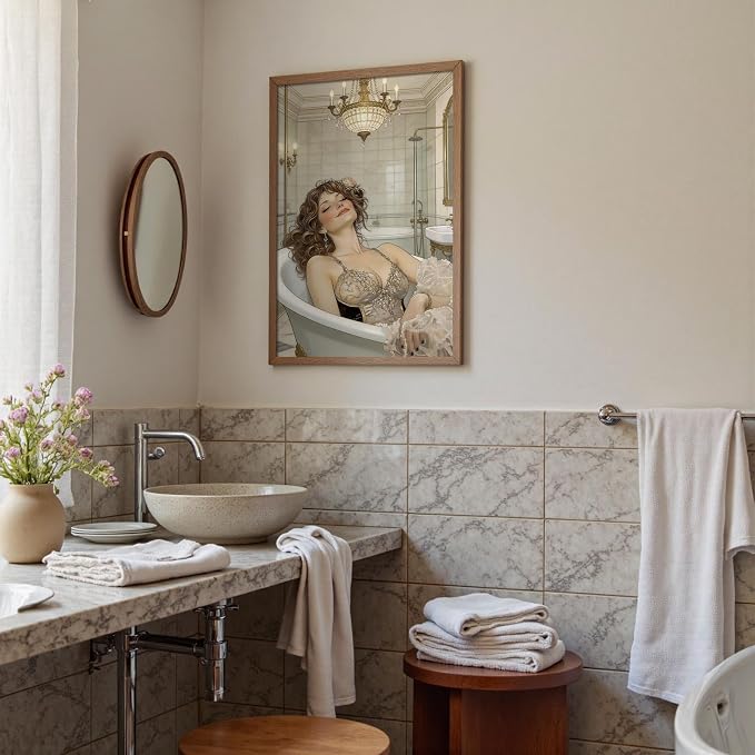 Elegant Vintage Bathing Woman Wall Art Luxury Bathroom Poster with Crystal Chandelier Classic Victorian Spa Art Print Aesthetic Wall Decor for Powder Room Apartment 12X18 in Unframed