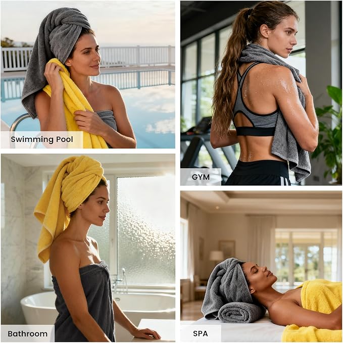 12-Piece Cotton Bath Towel Set with Hanging Loops for Bathroom, Yellow&Gray | Balanced towel set for family showers, sink-side use, guest baths, and wash-day rotation, OEKO-TEX certified, easy care