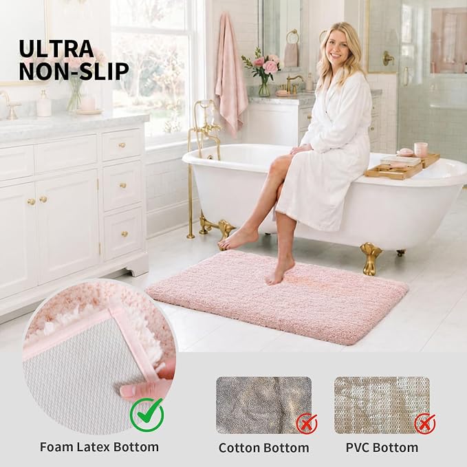 ILANGO Pink Bathroom Rugs 48" × 24" Non Slip & Super Absorbent Extra Thick Soft, Washable Bath Mat for Floor, Microfiber Plush Shaggy Bath Rug with Rubber for Bathtub Shower Room Sink