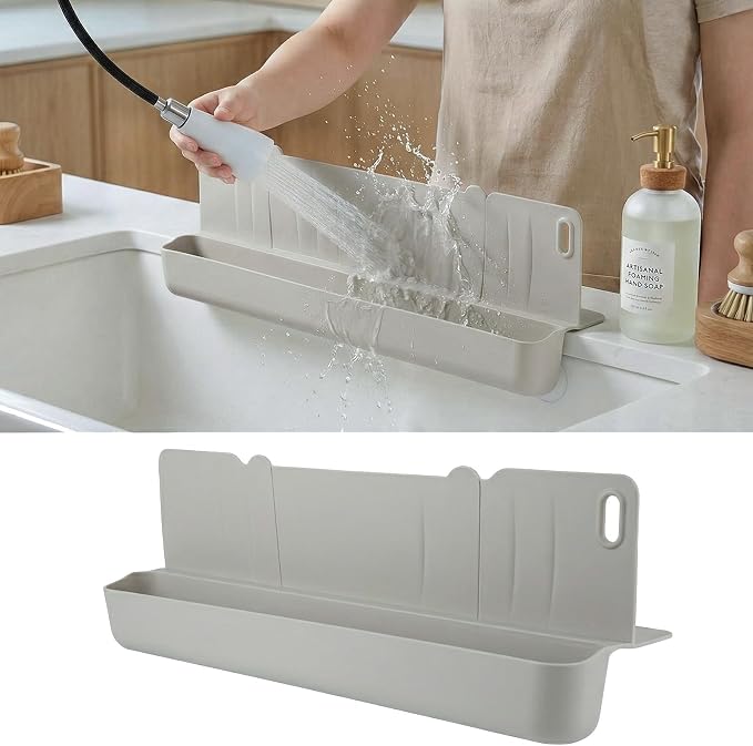 17In Kitchen Sink Splash Guard with Suction Cup for Kitchen Sink Area, Sink Edge Protector for Small Kitchen Sink, Bathtub & Counter, with Drain Rack & Sponge Holder (Gray)