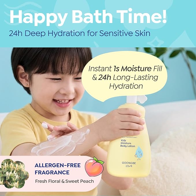 GOONGBE Kids' Moisture Body Lotion - Korean Kids Daily Body Moisturizer - Long Lasting 24hr Hydrating Cream Type Lotion with Cica and Squalane - Allergen Free Scent, 2.7 fl.oz. 2 Pack