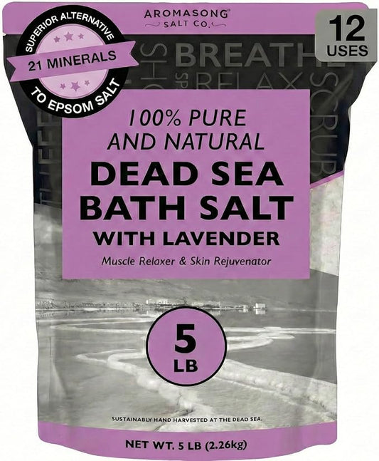 Aromasong Pure Dead Sea Salt for Soaking with 100% Natural Lavender, 5 LB - Spa Bath Salt Fine Grain - Body Wash Scrub - Soak for Women & Men- Bulk Resealable Pack (Packaging May Vary)