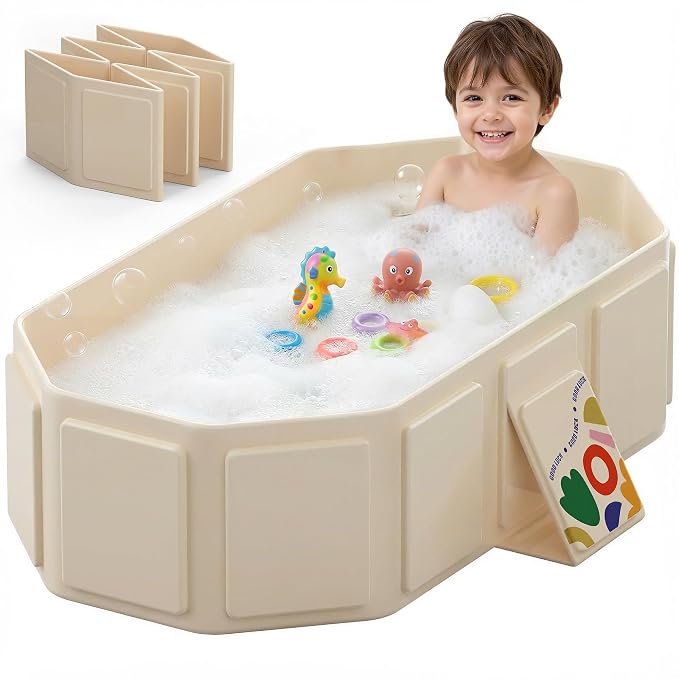 Collapsible Baby Bathtub for Newborn to Toddler, Foldable Toddler Bathtub with Drain Plug, Non-Slip Portable Infant Bath Tub for Travel, Storage & Outdoor Use, Warm Beige