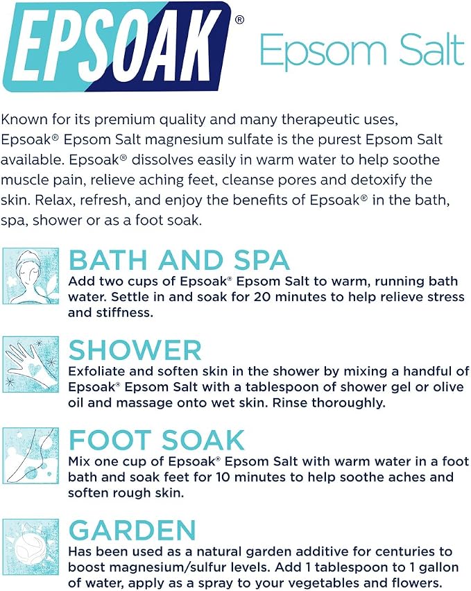Epsoak Epsom Salt 10 lb. Magnesium Sulfate USP. Resealable Epsom Salt Bag Unscented, Made in The USA, Cruelty-Free Certified
