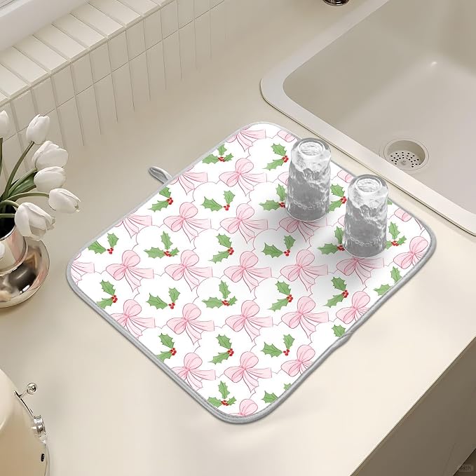 Pink Bow Christmas Holly Leaves Dish Drying Mat, Absorbent Drainer Mats for Kitchen Counter Coffee Maker 18"x16"