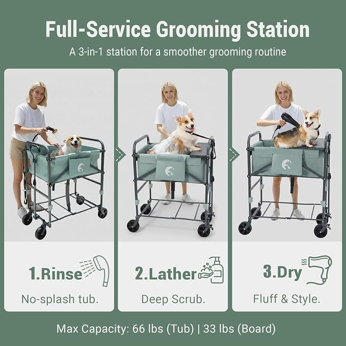 SILJOY Elevated Dog Bathtub, Adjustable Folding 3-in-1 Grooming Tub | 4-Level Adjustable Height, Portable Design, 1000D PVC, with Wheels, Fits Small & Medium Dogs up to 33 lbs