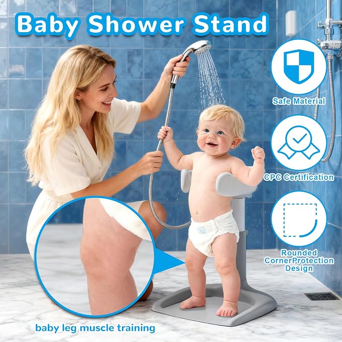 Baby Shower Stand with Seat - Adjustable Height Shower Standing Bath Support | Baby Bath Stand Soporte para Bañera de Bebé | Toddler Shower Stand Assist Holder for 8-36 Months