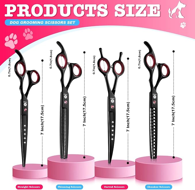 Dream Reach Dog Grooming Scissors - 7" Professional 6 in 1 Sharp Dog Shears Set Thinning, Chunker, Straight, Curved Shears and Comb for Dog Cat Pet, Pink