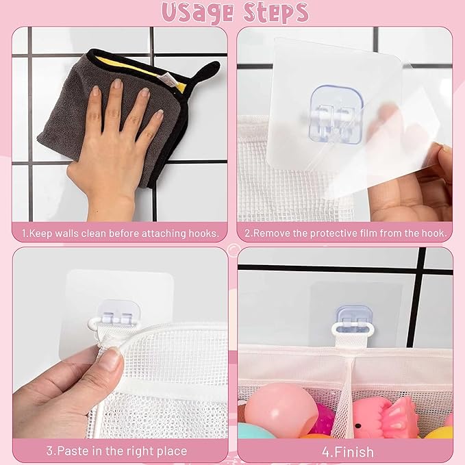 Large Bath Toy Storage, 4 Compartment Quick Drying Mesh Bath Toy Organizer with 5 Hooks, Easy Access and Sorting Large Capacity Corner Bathroom Storage, Multi Use Holder (Pink)