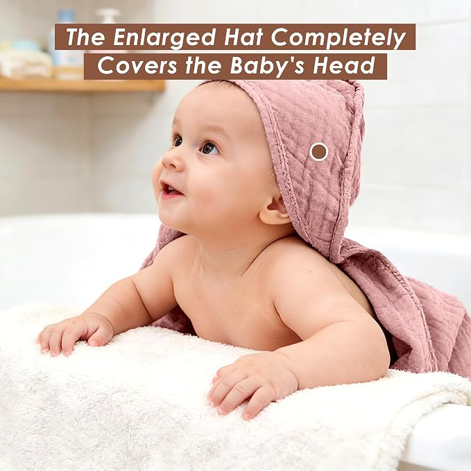 Ease Cubs 3-Pack Muslin Hooded Baby Towels, 100% Cotton, Ultra-Soft & Absorbent Baby Bath Towels with Hood for Babies, Infant, Toddler and Newbron (Pink and Sakura Series,32" x 32")