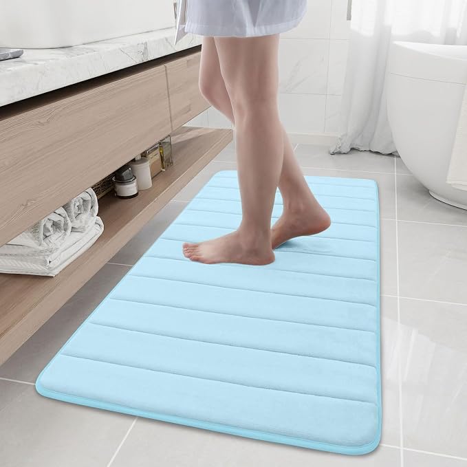 Buganda Memory Foam Bath Mat, 47" x 20", Ultra Soft Bathroom Rugs, Water Absorbent and Machine Washable Bath Rug Runner for Bathroom, Shower, and Tub, Light Blue