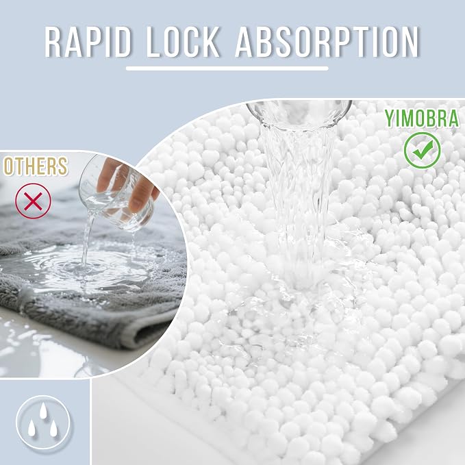Yimobra Bathroom Rug Mat 44 x 24, Non Slip and Super Absorbent Bath Mat,Machine Washable Quick Dry,Ultra Plush Chenille Shower Rugs for Bathroom Floor Sink Tub and Shower Outside,White