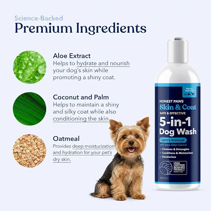 Honest Paws Dog Shampoo and Conditioner - Premium Dog Wash for Allergies Dry, Itchy, Moisturizing for Sensitive Skin - Sulfate Free Plant Based All Natural - Lightly Scented w/Odor Control -16 Fl Oz