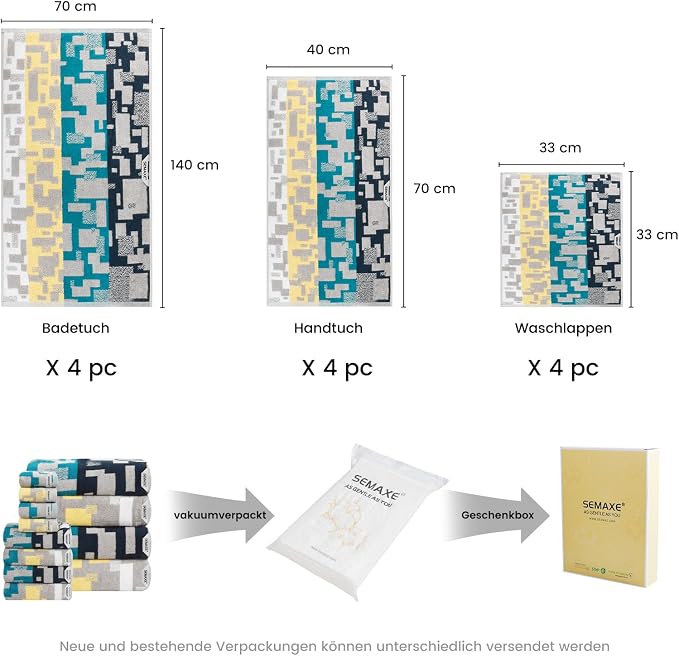 SEMAXE 12-Piece Cotton Bath Towel Set for Bathroom, Geometric Pattern | Balanced towel set for family showers, sink-side use, guest baths, and wash-day rotation, OEKO-TEX certified, easy care