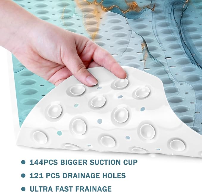 Marble Bath Tub Mat Non Slip, Green Blue Marble Non Slip Bath Mat for Shower, Large Washable Shower Mats for Showers with Drain Holes and Suction Cups,40 X 16 Inch