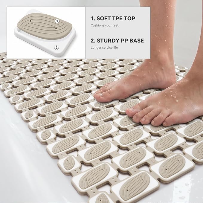 SIXHOME Shower Mat Non Slip Bathtub Mat, Bath Mat for Tub with Strong Suction Cups, Quick Dry Drain Holes, Machine Washable Shower Floor Mat for Elderly & Kids, 27"x16", Khaki