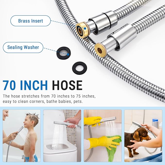 G-Promise All Metal 3 Function Handheld Shower Head Build-in Massage Mode, with 70 Inch Stainless Steel Shower Hose Extra Long and Dual Purpose Hand Held Holder, Slide Adjustment Mode, Chrome