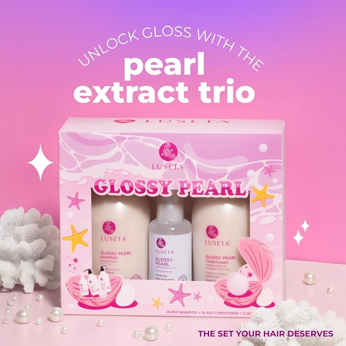 Luseta Glossy Pearl Hair Care Set, Smooth & Shine for Dull Hair | Shampoo & Conditioner (16.9oz×2), Hair Oil (3.38oz), Moisture Care, Easy Detangling, Healthy-Looking Shine, Sulfate Free