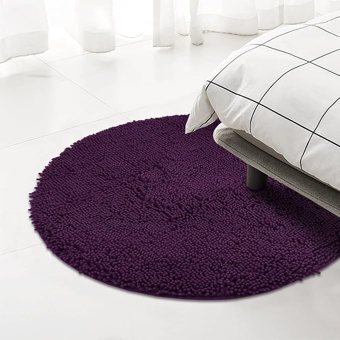 MAYSHINE Round Area Rug Set for Bathroom | Soft Plush Chenille Bath Mat, Water Absorbent Non-Slip Bathroom Rug | Washable Shag Carpet for Shower, Bedroom, or Home Décor | 36"x36" (Round) | Plum