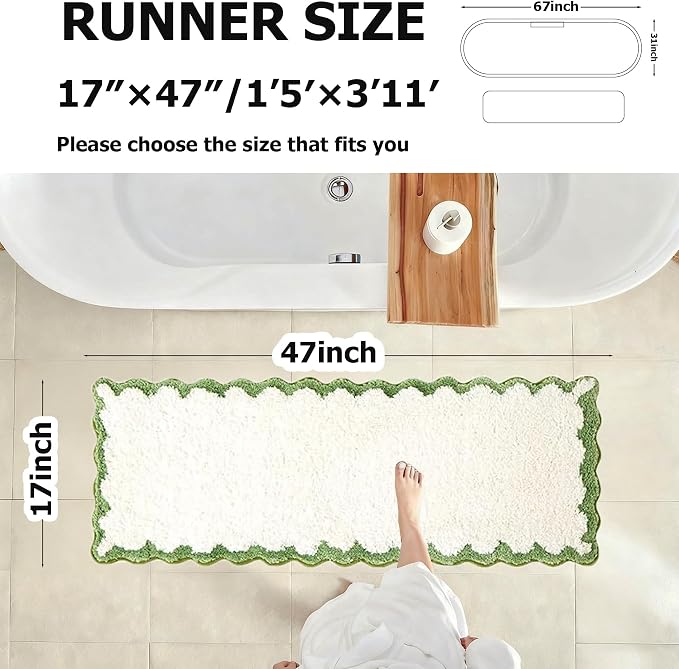 ORTIGIA Long Cute Scalloped Bathroom Rugs Runner, Fun White and Green Plush Microfiber Scallop Bath Mats Non Slip Washable Quick Dry Absorbent, Rug Carpet for Bathtub Sink Laundry Room Bedroom, 17x47