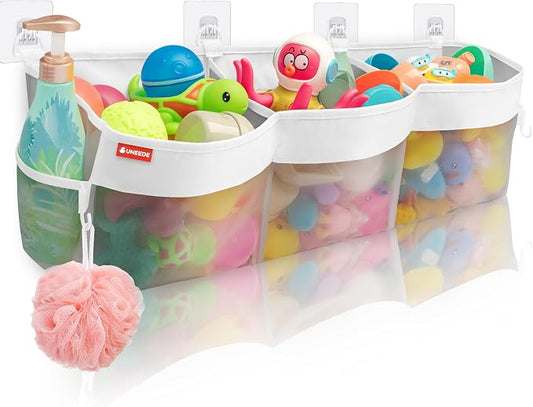 UNEEDE 4.95 Gallons 3 Compartment Horizontal Bath Toy Storage,Bathtub Toy Storage Organizer,Bath Toy Holder For Bathtub,Baby Bath Toy Organizer For Tub,Mesh Shower Caddy(Gray)