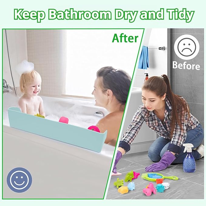 Bathtub Splash Guard for Kids – Silicone Bath Tub Splash Guard with Suction Cups, Play Shelf & Toy Holder, Fun Bath Time for Toddlers Baby (Green)