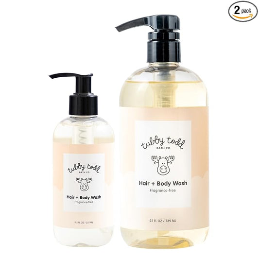 TUBBY TODD Hair + Body Wash - Baby Shampoo and Body Wash - Gentle, Natural Baby Wash for Newborns, Babies, and Toddlers - Non-Toxic and Hypoallergenic - Fragrance-Free, 2 Pack, 8.5oz & 25oz