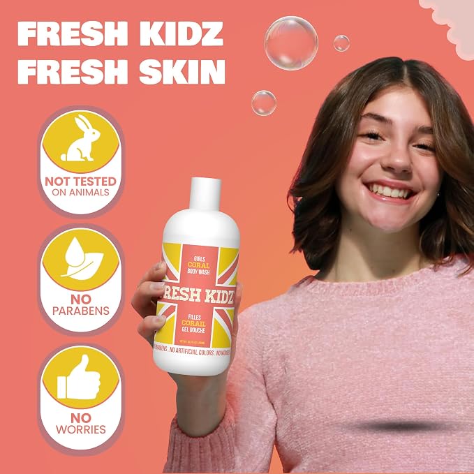 Fresh Kidz Body Wash for Kids and Teens - Gentle Bath and Shower Cleanser for All Skin Types - Girls Coral, 16.9 Fl.Oz.