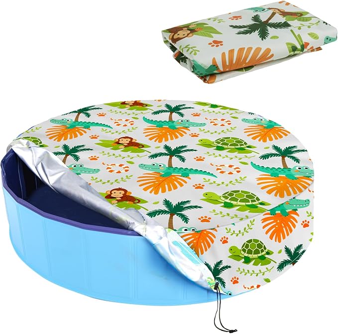 Foldable Dog Pool Cover – Waterproof Round Pet Dog Kiddie Bath Tub Lid Cover, Fit for 32/48/63 Inch Pools, Outdoor Portable Puppy Pool Accessories (L-63 * 12 inch, Beach Element-2)