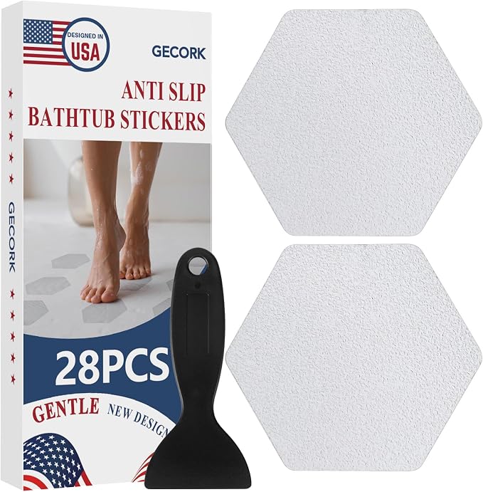Gecork 28 PCS Shower Floor Non Slip Stickers with Strong Adhesive, Invisible & Durable Anti Slip Shower Stickers with Scraper for Bath Tub, Pools and Stairs, Clear, Hexagonal