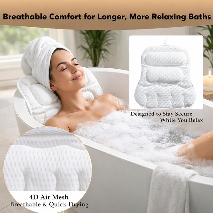 Bath Pillows for Tub, Full-Body Relaxation with Head, Neck & Shoulder Support, Ergonomic Design, 10 Suction Cups, Breathable 4D Air Mesh (White)