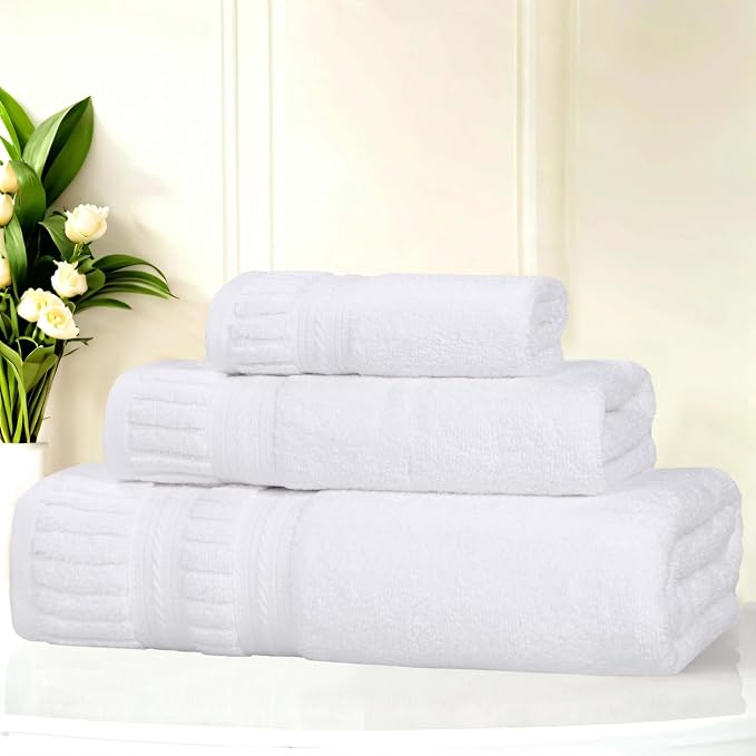 Superior Venice Zero Twist Cotton Medium Weight Towels, for Guest Bath, Bathroom, Shower, Spa, Plush Towels, Bath Essentials, Ribbed Textured Border, 3 Piece Assorted Towel Set, White