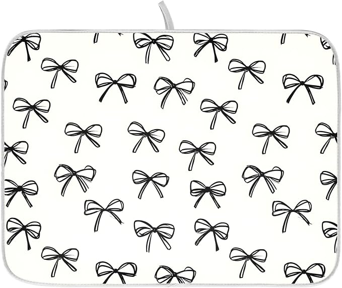 Black Bow Pattern Dish Drying Mat, Absorbent Drainer Mats for Kitchen Counter Coffee Maker 24"x18"