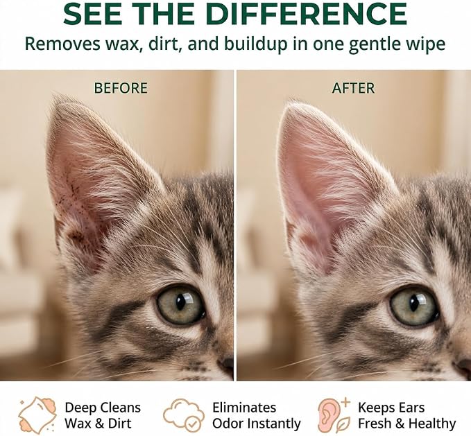 Dylan's cabin Cat Ear Wipes - 150 Count Finger Wipes for Dogs Cats, Pet Ear Cleaning Remove Wax Dirt Debris, Odor Gentle Alcohol Free Daily Ear Care