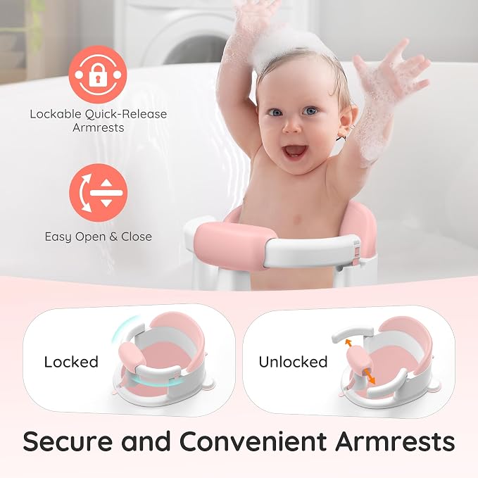 Baby Bath Seat for Babies Sitting Up, Non-Slip Baby Bath Chair with Strong Suction Cups, Lockable Armrest & High Back 360° Safety Support, Ideal for Active Toddlers 6-24 Months, Pink