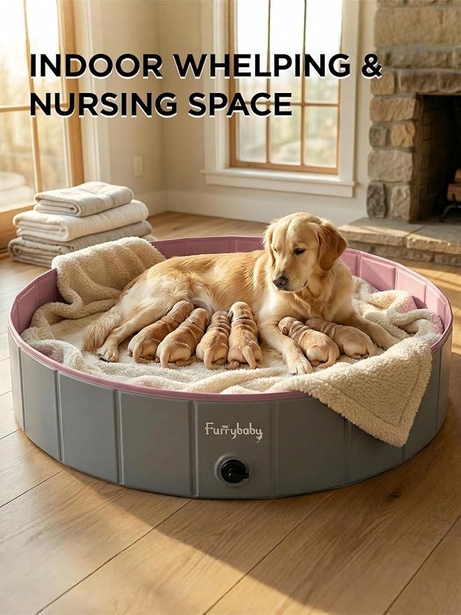 Furrybaby Dog Pool, Kiddie Pool with Hard Plate Collapsible Pet Bath Foldable Swimming Pet Pool Portable Pink 39''