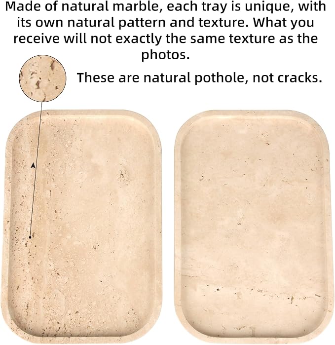 Marble Bathroom Vanity Tray, Natural Marble Home Kitchen Table Tray, Stone Decorative Countertop Serving Organizer for Dresser Coffee Perfume Jewelry Makeup (1, Light Travertine L, 12 * 8 * 0.8)