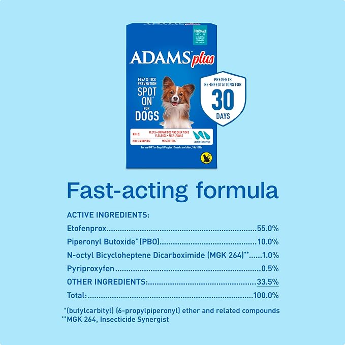 ADAMS Plus Flea & Tick Prevention Spot On for Dogs, Toy/Small Dog, Kills Fleas & Ticks (Brown Dog/Deer Ticks), Kills and Repels Mosquitoes, Prevents Flea Infestations, 3-Month Supply, 3 Pack
