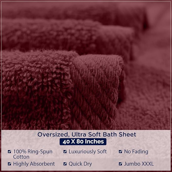 DAN RIVER Pack of 1 Jumbo Bath Sheet 40x80 Inches, Oversized Bath Towels, Soft and Absorbent Extra Large Towels for Bathroom - Pomegranate