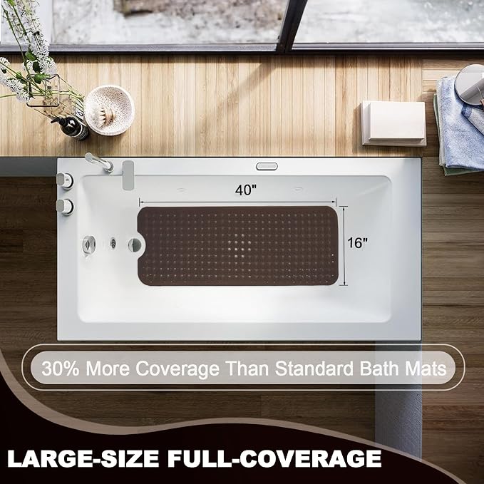 Bathtub and Shower Mats, 40x16 Inch Extra Large Non Slip Soft Bath Tub Mat with Suction Cups and Drain Holes for Bathroom Floor and Keep Tubs Clean, Machine Washable, Clear Chocolate