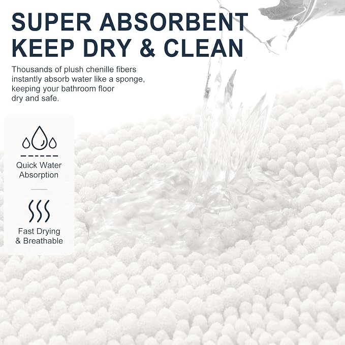 Smiry Thick Chenille Large Bathroom Rugs 45x27, Extra Soft Absorbent Striped Bath Mat, Machine Washable, Rubber Backing, Bath Rugs for Bathroom, Tub & Shower, Home Decor Accessories, Ivory