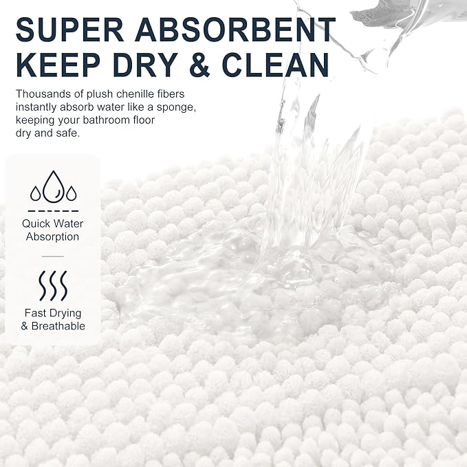 Smiry Thick Chenille Large Bathroom Rugs 44x32, Extra Soft Absorbent Striped Bath Mat, Machine Washable, Rubber Backing, Bath Rugs for Bathroom, Tub & Shower, Home Decor Accessories, Ivory
