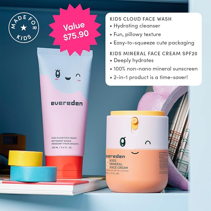 Evereden Kids Face Wash & SPF 20 Cream Set | Dermatologist-Tested, Mineral Sunscreen with Zinc Oxide & Vitamin B5 | No Phenoxyethanol, EWG Verified, Gentle, Safe for Ages 3+, Sensitive Skin + Headband
